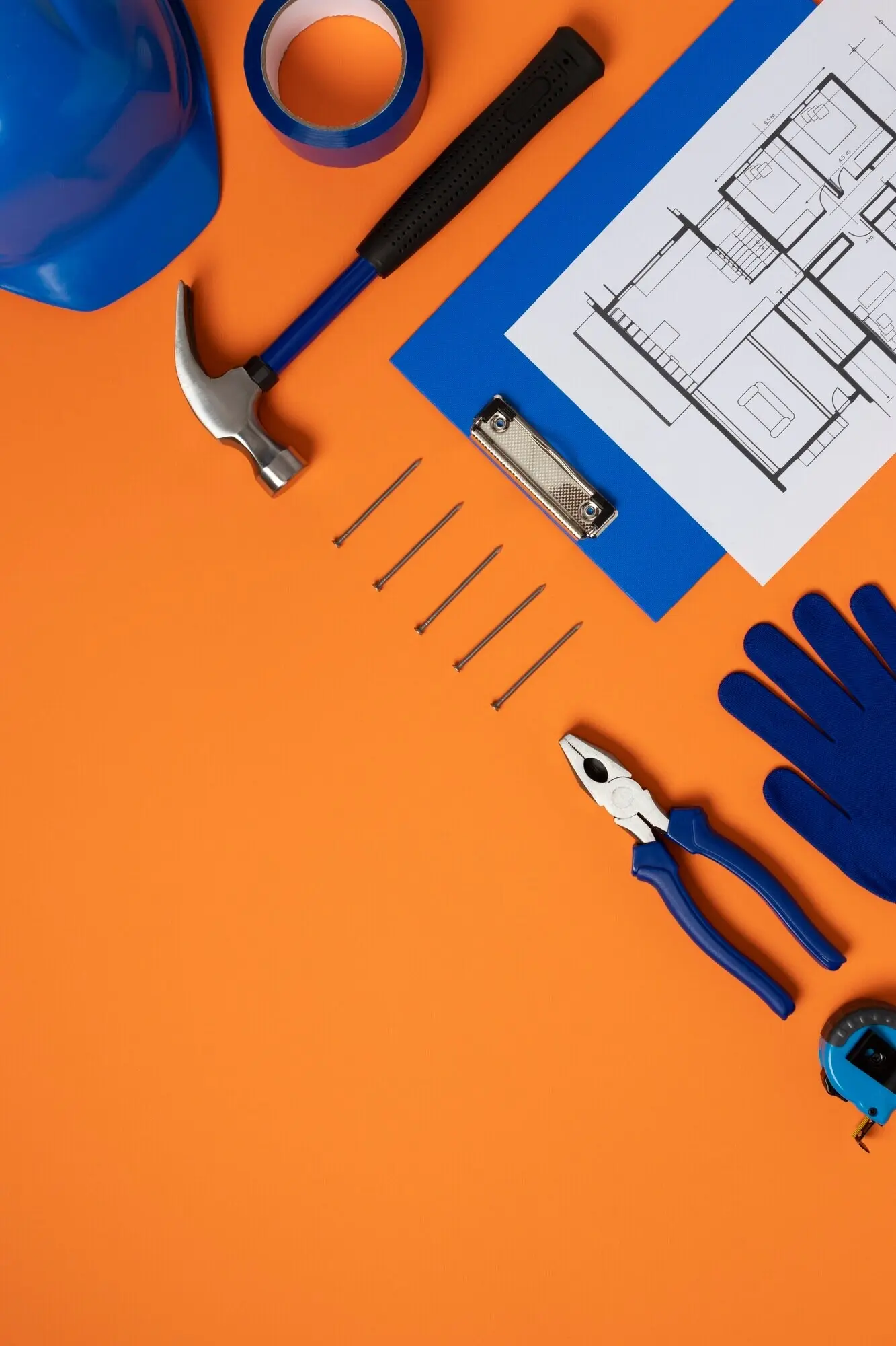 Overhead view of a steel hammer alongside other construction elements and tools